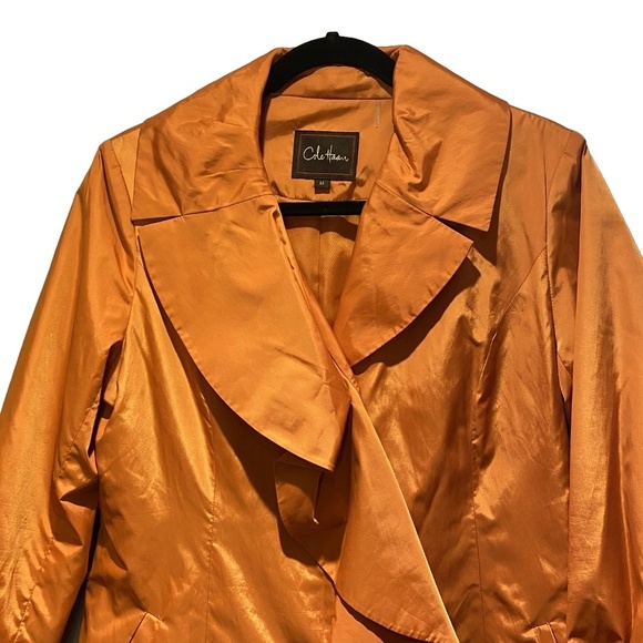 NWOT COLE HAAN Tangerine Orange Ruffle Flirty Trench Rain Coat Retro Designer M - Picture 7 of 16